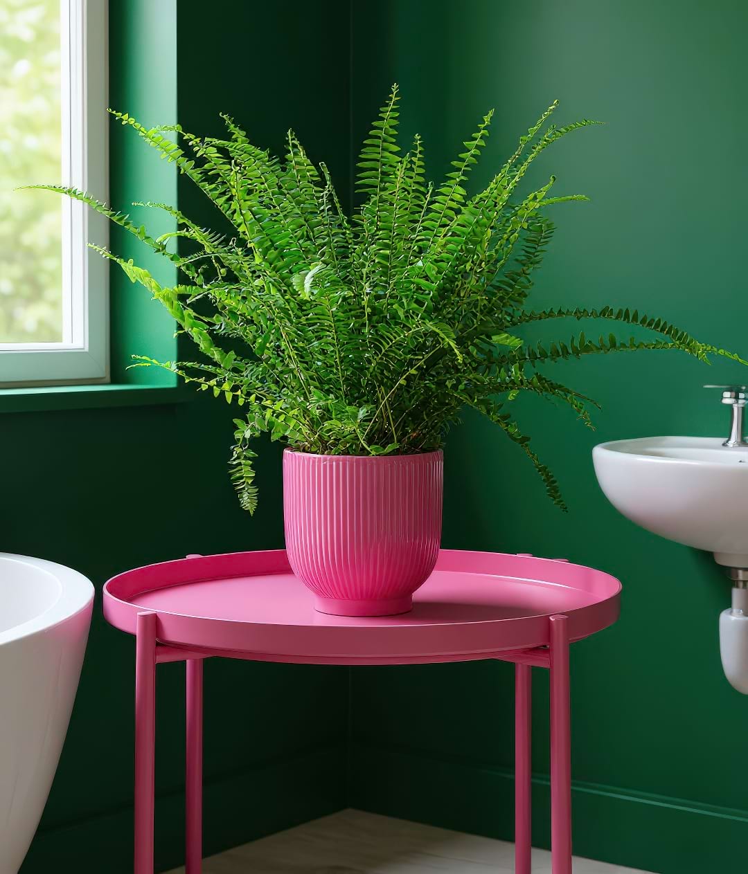 Boston Fern in a vibrant pink pot enjoying the high humidity of a bathroom, a suitable environment.