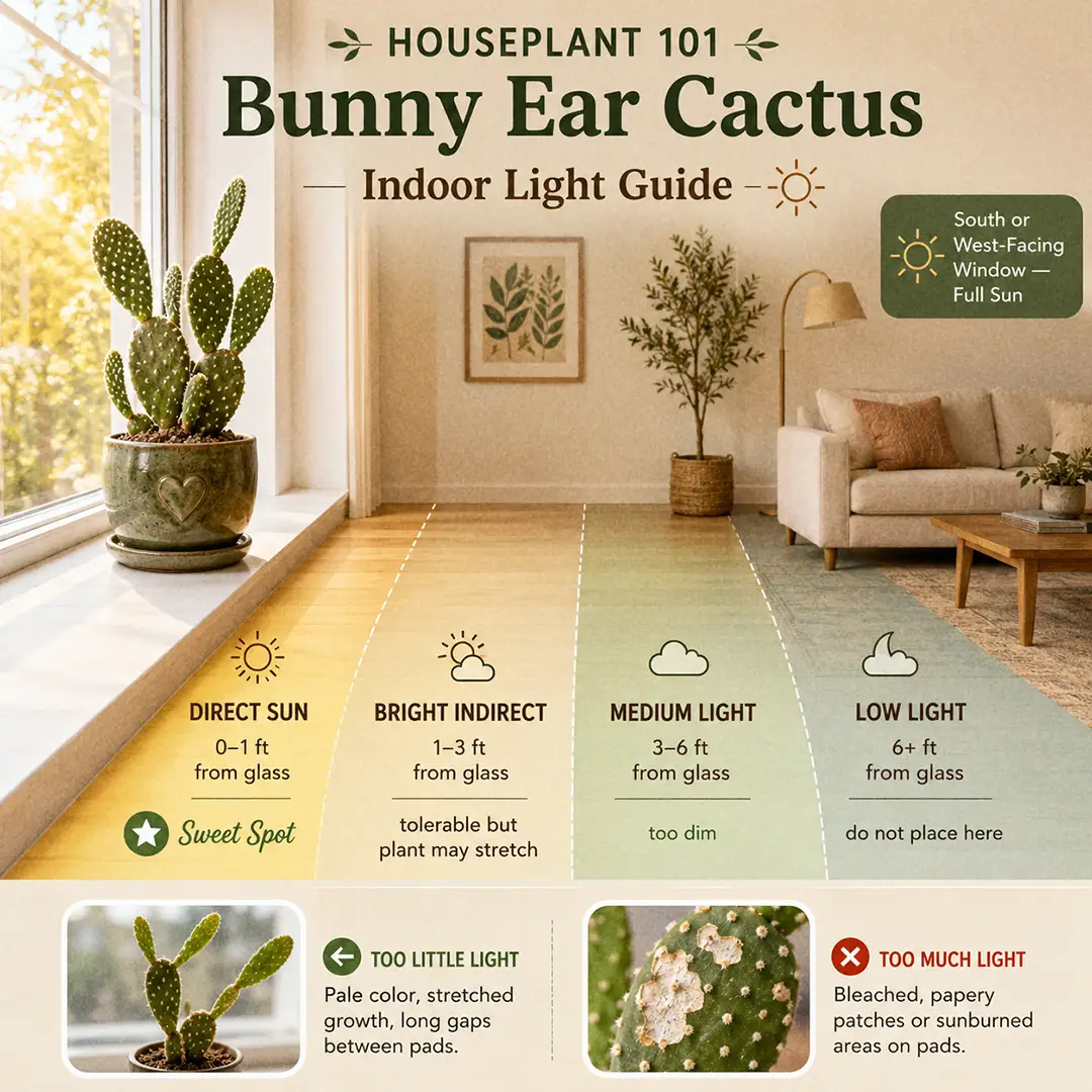 A labeled light-zone diagram showing a Bunny Ear Cactus placed in the sweet spot directly at a south-facing window, with sweet-spot, too-dark, and too-bright zones colour-washed, and a small note about full direct sun and acclimating to outdoor light
