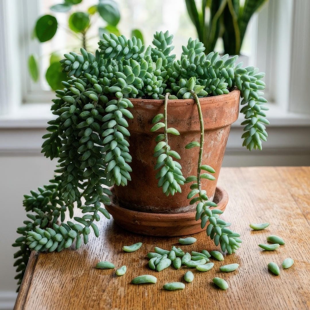 Fallen Burro's Tail leaves scattered around the base of a pot, showing the plant's characteristic fragility.