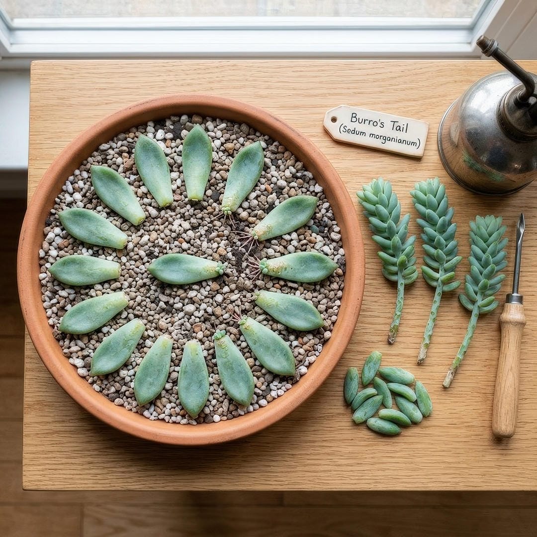 Burro's Tail stem cuttings and individual fallen leaves laid on succulent soil in a shallow pot for propagation.