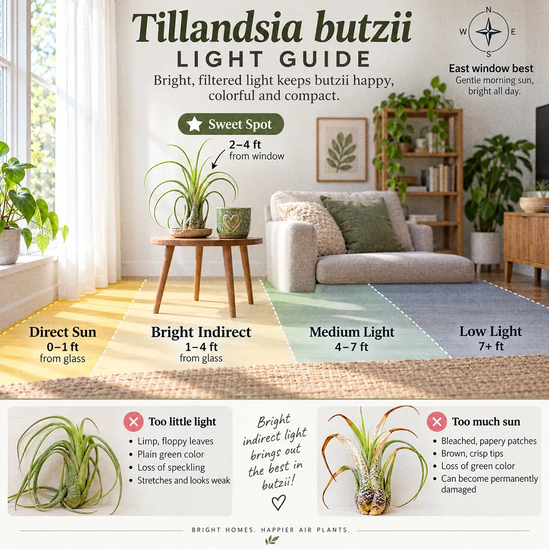 A labeled light guide diagram showing where to place a Butzii Air Plant indoors relative to an east-facing window, with direct sun, bright indirect, medium and low light zones marked, the sweet spot marked at two to four feet from the glass, and small thumbnails comparing a faded limp plant with a sun-bleached one
