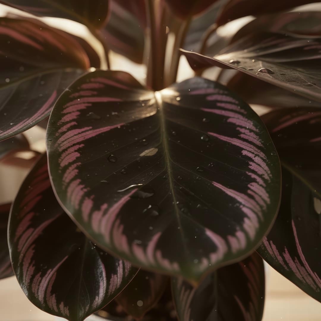 A detailed, macro close-up shot of several Calathea 'Dottie' leaves showing the intricate pink stripes.