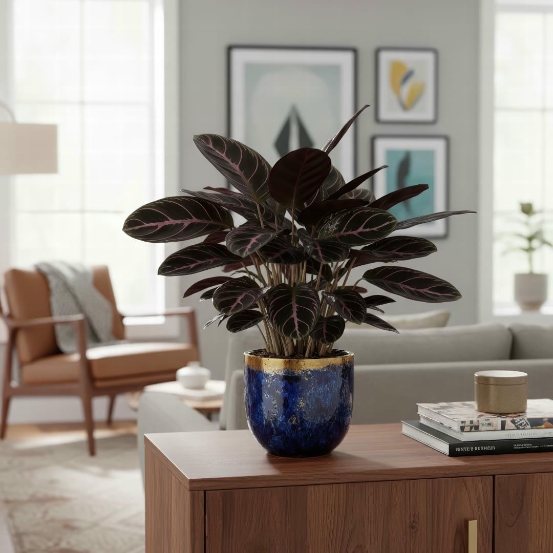 A full shot of a thriving Calathea 'Dottie' plant in a beautiful, decorative ceramic pot.