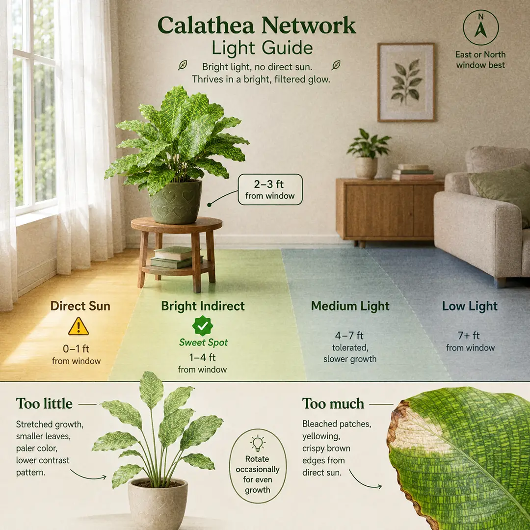 An educational light placement diagram showing a Calathea Network in a green ceramic pot with a heart motif positioned three feet from an east-facing window inside a labeled bright indirect light zone, with colour-washed zones marking direct sun, bright indirect, medium and low light