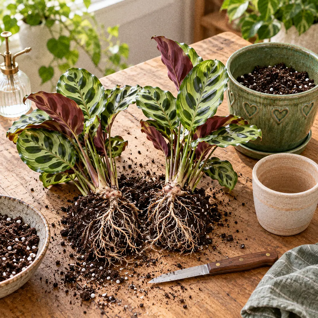 Calathea Peacock being divided on a wooden potting bench, with the root ball split into two sections, each with several patterned leaves and healthy white roots, next to a green ceramic pot with a heart motif and a bag of fresh soil