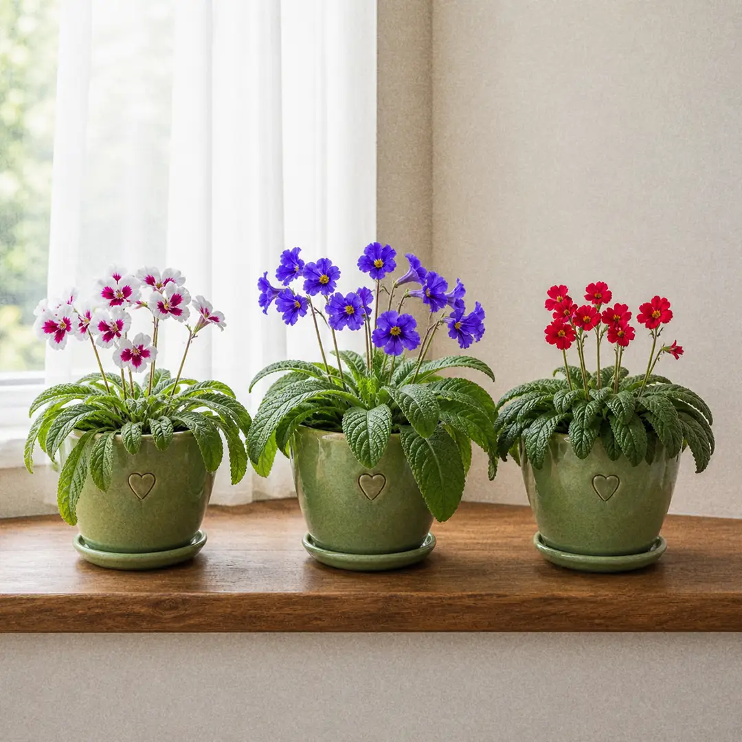 A styled bright north-facing kitchen counter with three Cape Primroses in matching green ceramic pots with heart motifs in a row near a curtained window, one with white flowers and one with purple flowers and one with hot pink flowers, each with multiple flower stems rising above strap-shaped green leaves