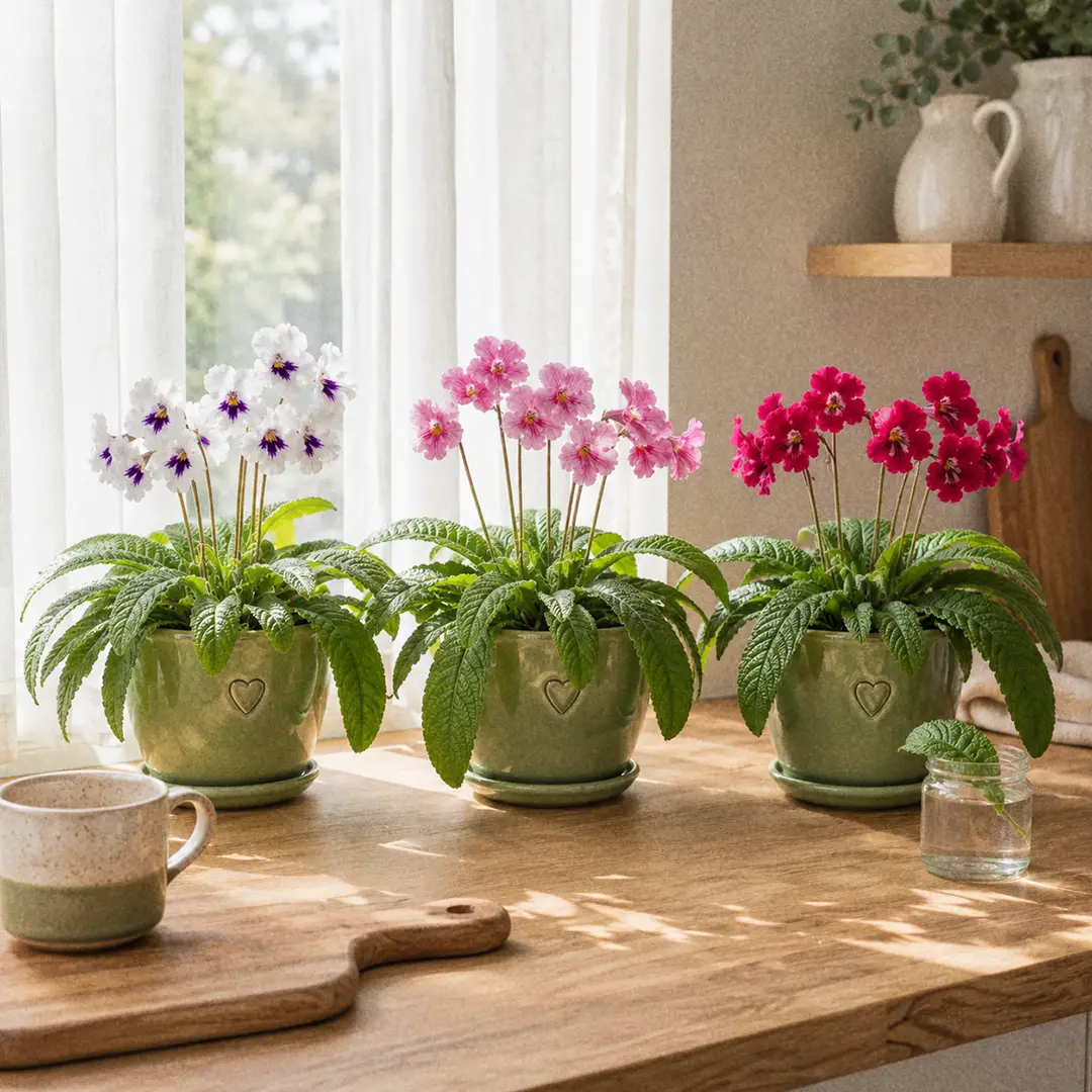 Three Cape Primroses side by side on a wooden shelf in matching green ceramic pots with heart motifs: a pure white flowered cultivar with green leaves, a deep purple flowered cultivar with a contrasting white throat, and a hot pink flowered cultivar with darker veining