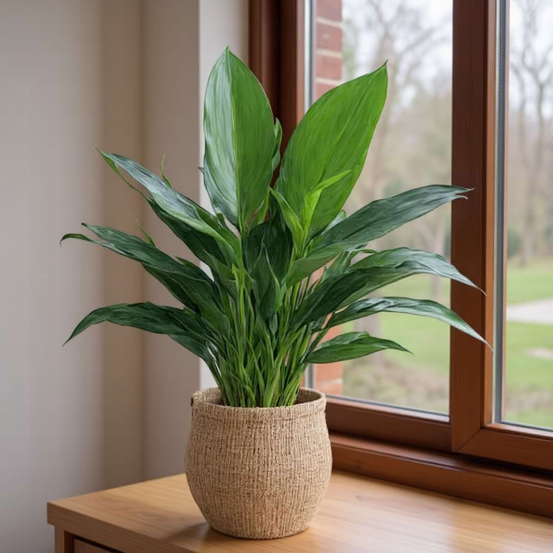 A lush Cast Iron Plant sitting on a wooden table in a decorative woven basket cachepot.