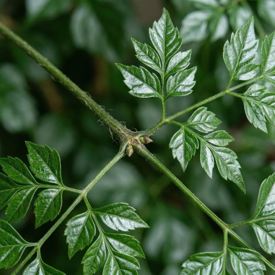 Close-up macro photo of China Doll Plant bipinnate leaves, showing the fine leaflet structure and glossy surface.