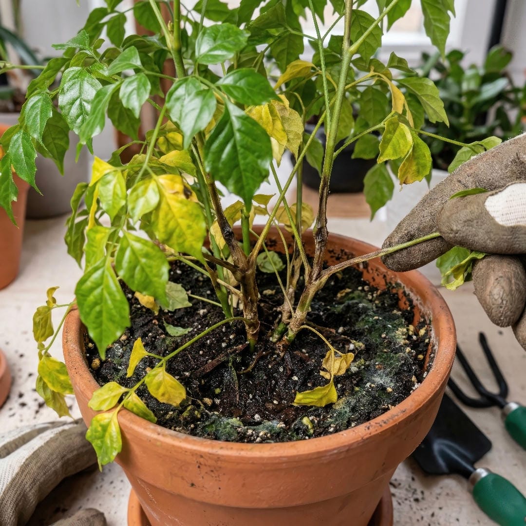 A China Doll Plant showing overwatering stress, with yellowing foliage and soft, darkened stems near the soil line.