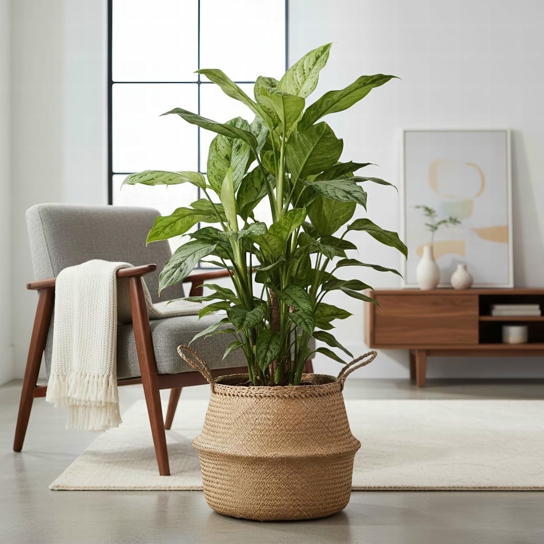 A large, beautiful Aglaonema 'Silver Bay' in a stylish pot on the floor of a modern living room.