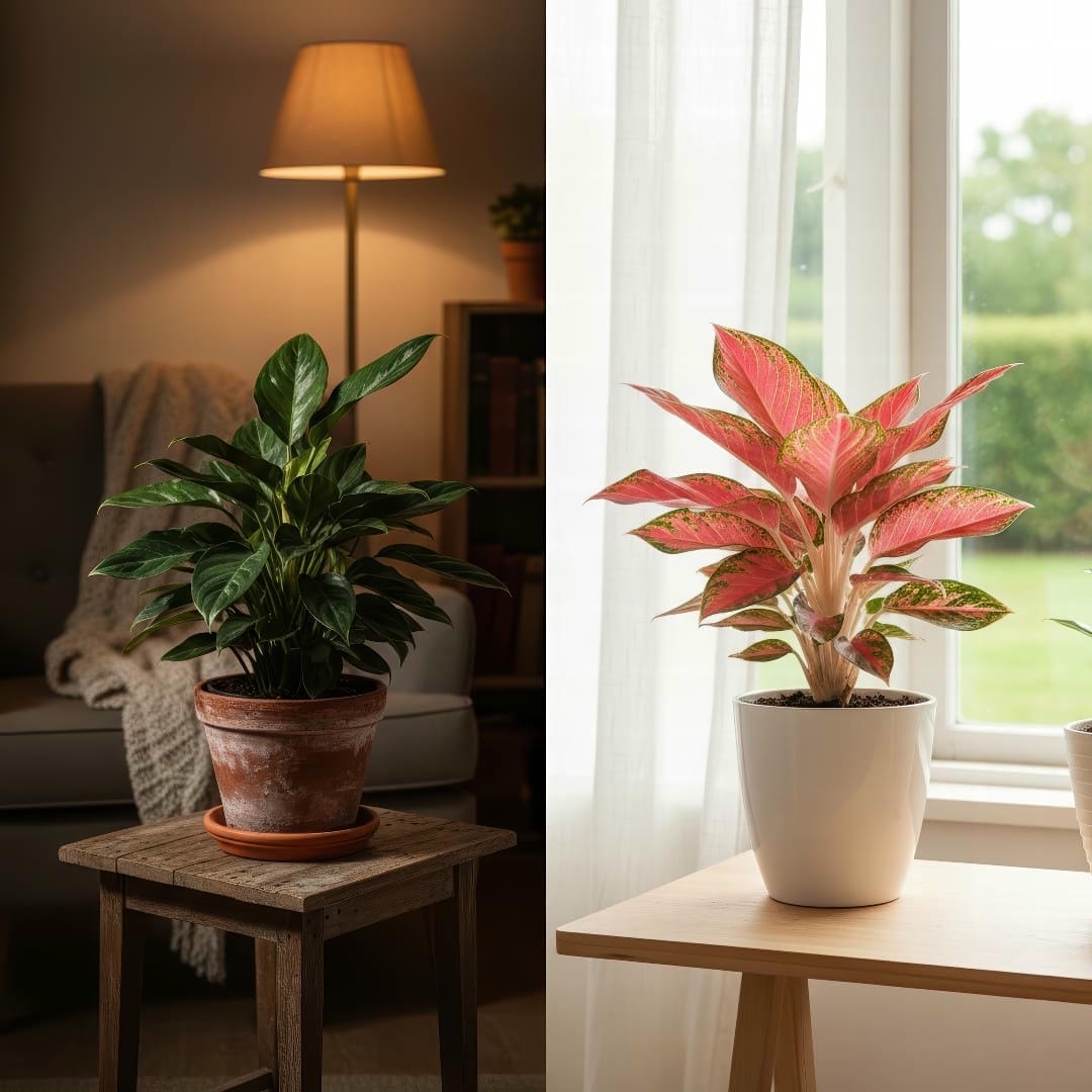 A split image showing a green Aglaonema in low light and a colorful Aglaonema in bright, indirect light