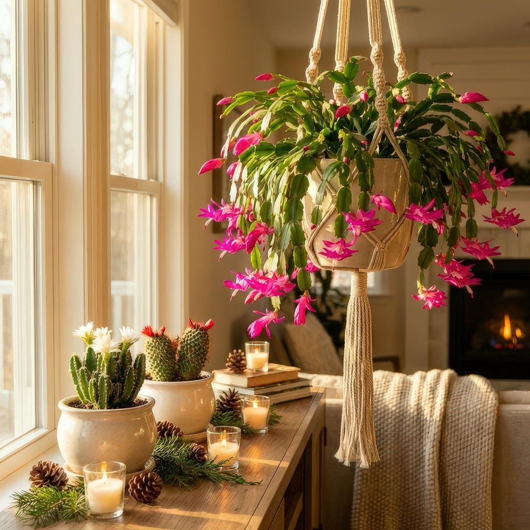 Christmas Cactus in a beautiful macrame hanger with cascading stems covered in pink blooms, displayed near a bright window in a cozy living room