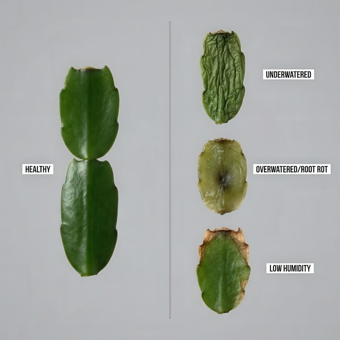 Split image showing a healthy vibrant Christmas Cactus segment on the left and a wilted, shriveled segment with root rot damage on the right