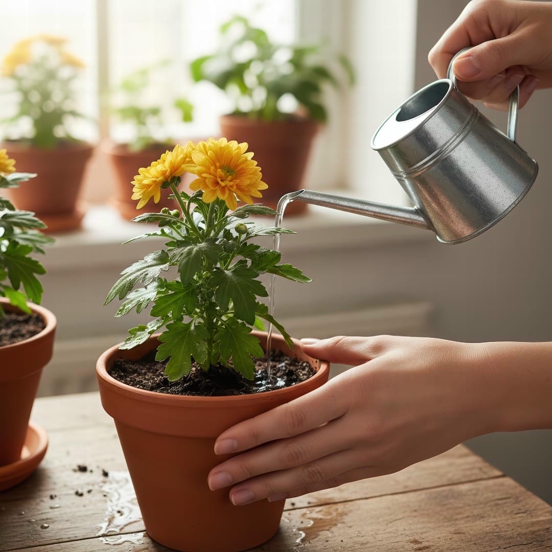 A person watering a chrysanthemum plant.