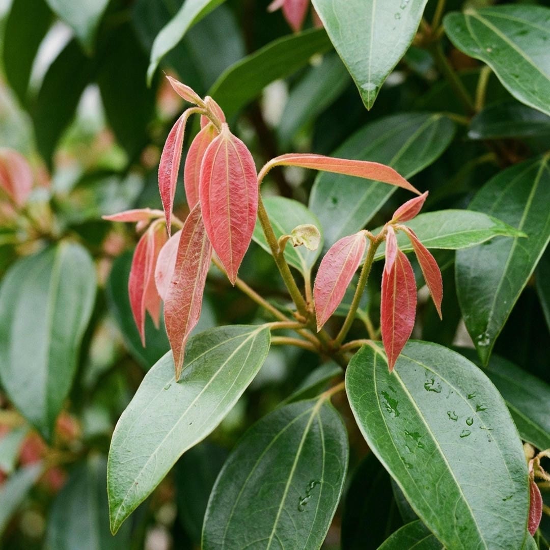 Close up of the reddish-pink new leaves of a Cinnamon tree