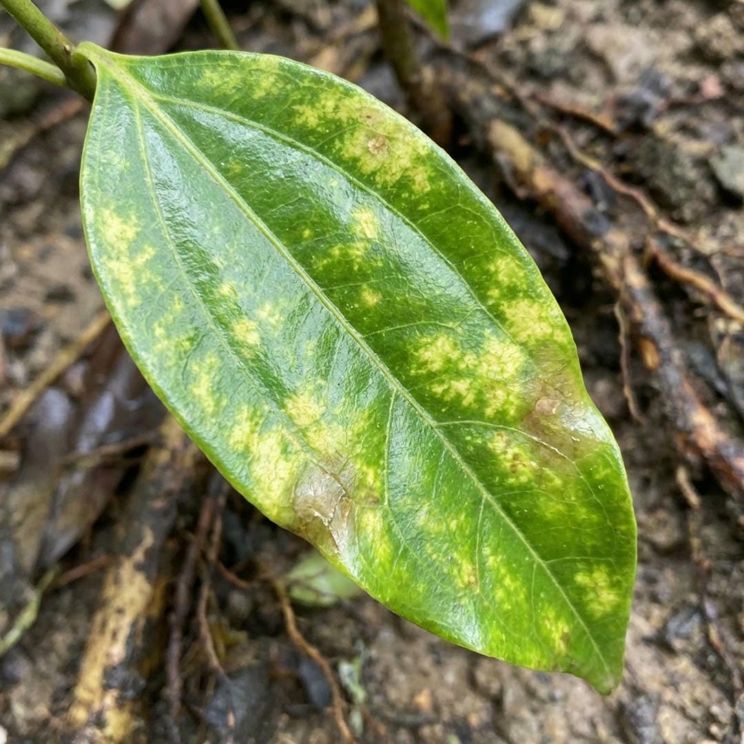 Yellowing leaf indicating potential root rot or nutrient issues