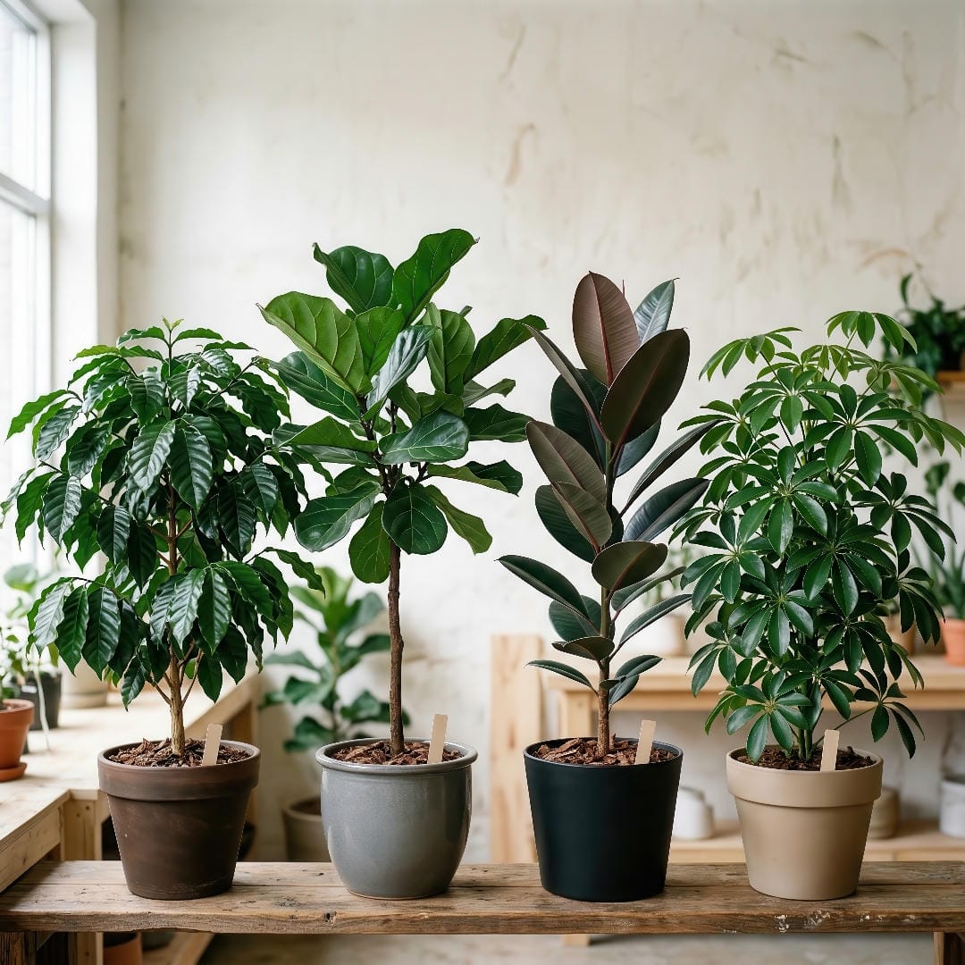 Side-by-side comparison of Coffee Plant with other glossy indoor trees to show differences in leaf shape, branching, and canopy density.