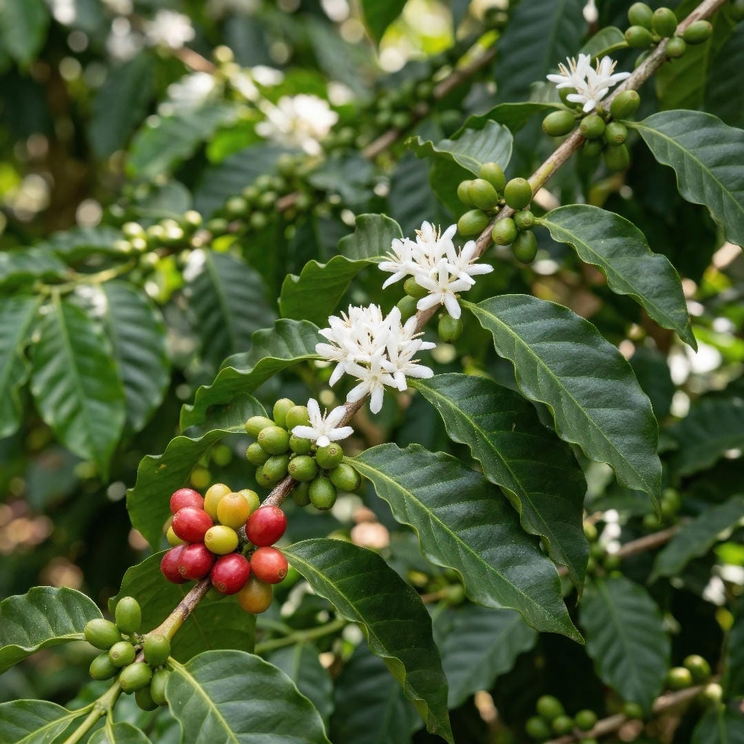 Coffee Plant with small white fragrant flowers and green to red cherries developing on the same branches.