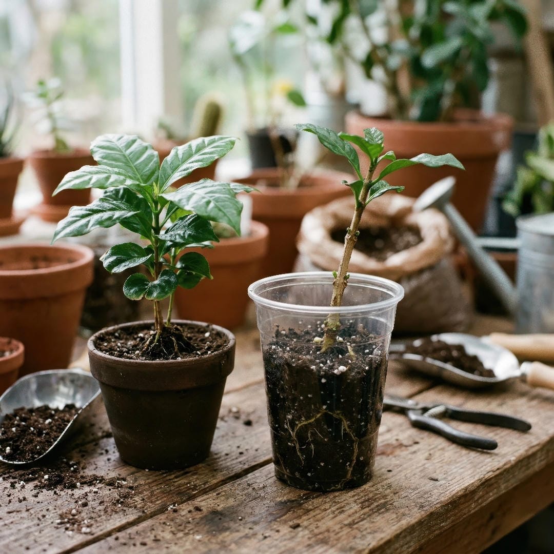Coffee Plant propagation setup with a stem cutting, moist rooting mix, and a young rooted seedling beside it.