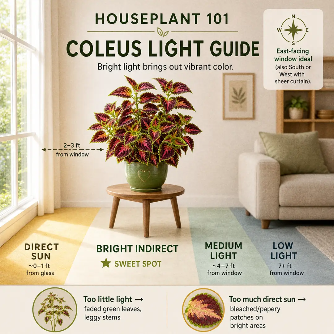 Illustrated light guide showing a Coleus plant's ideal placement near an east-facing window with labeled light zones, distance markers, and a green ceramic pot with a heart motif in the bright indirect zone