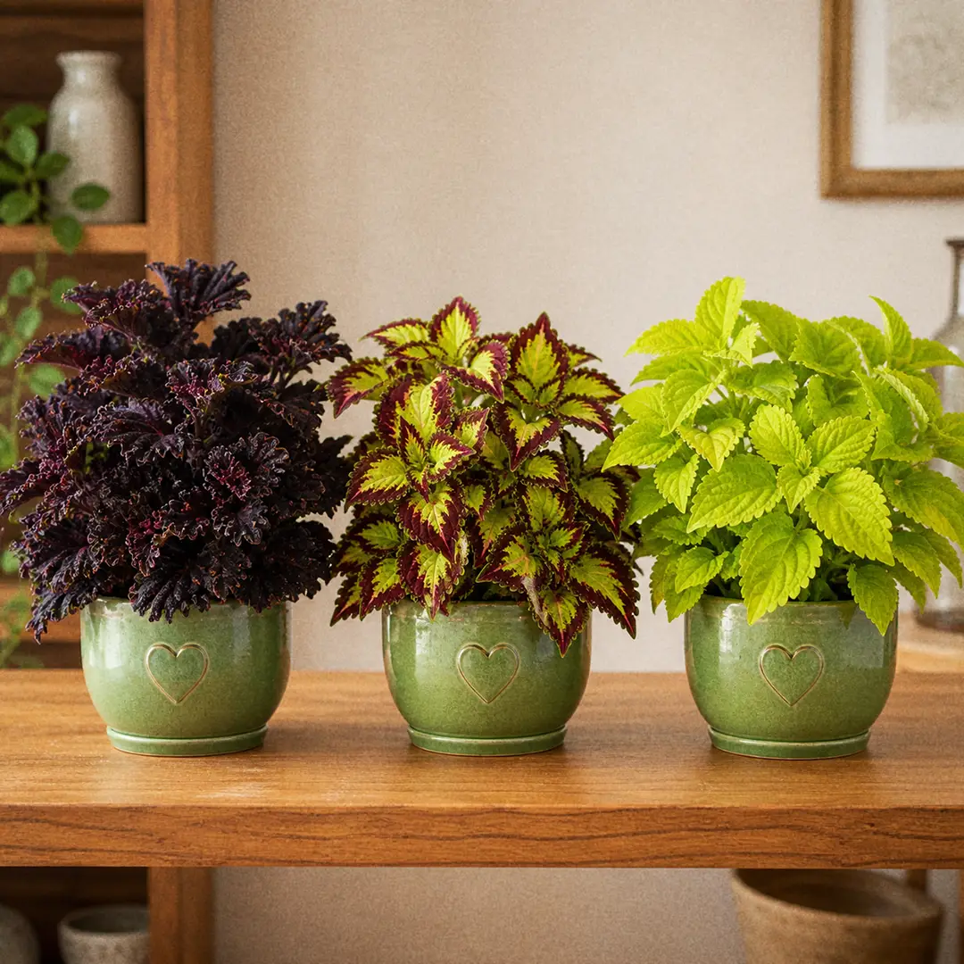 Three Coleus varieties displayed side by side on a wooden shelf in matching green ceramic pots with heart motifs, showing distinct color patterns from burgundy and lime to copper and pink