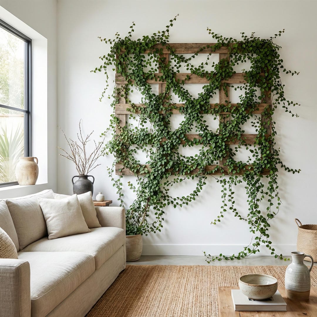 Creeping Fig climbing a decorative vertical trellis creating a living wall art installation in a bright modern room