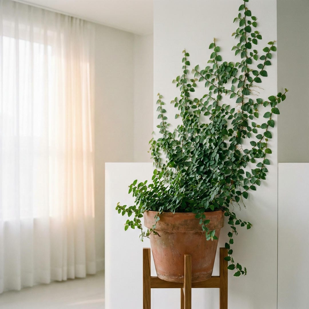 Creeping Fig climbing up beside a window with filtered natural light showing dense heart-shaped leaves