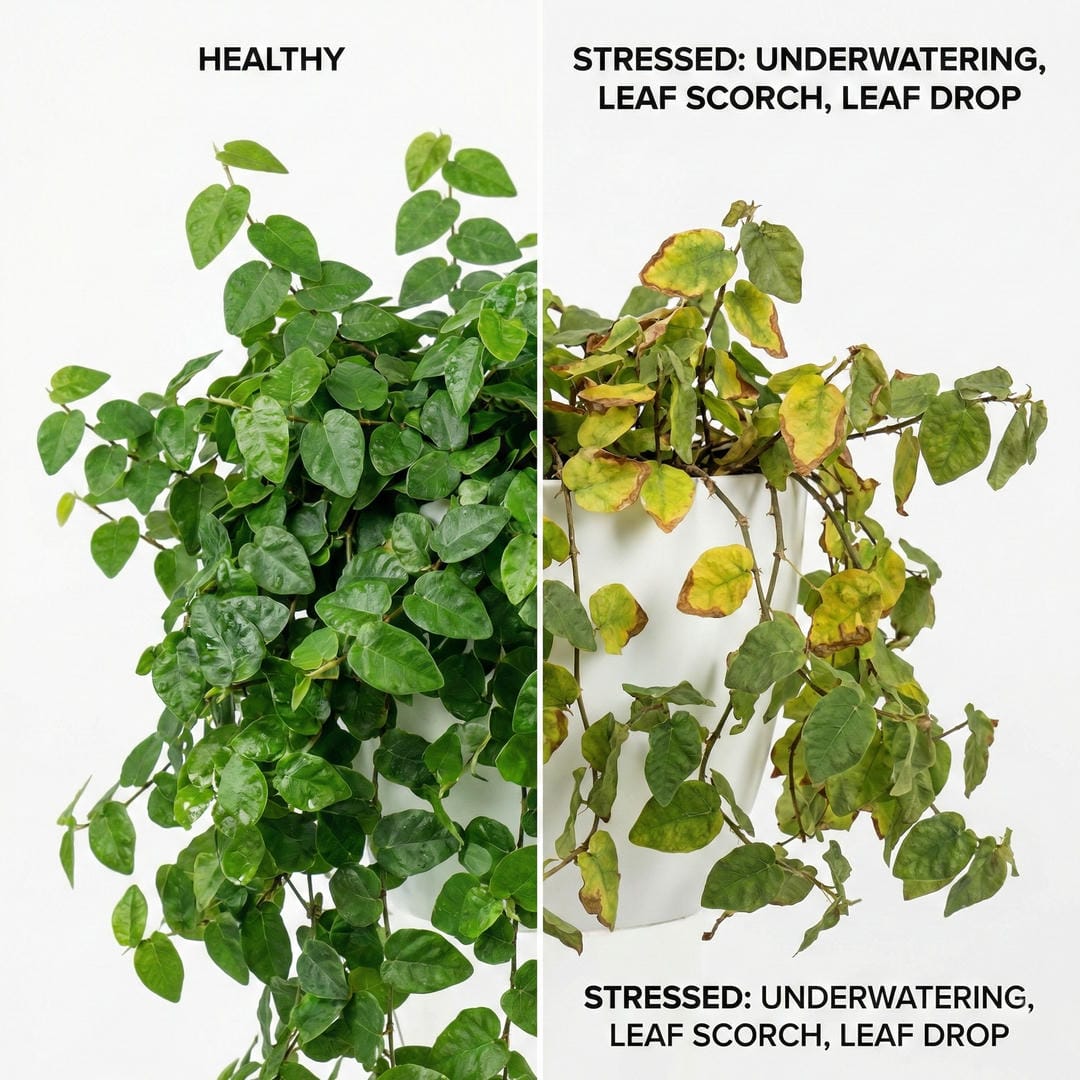 Split image showing healthy dense Creeping Fig foliage on left versus yellowing and dropping leaves on right for comparison
