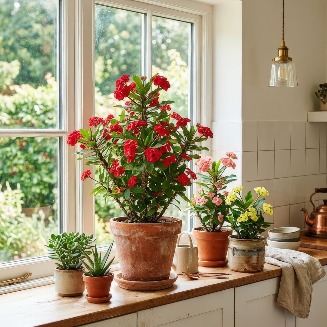 Beautiful Crown of Thorns plant with bright red blooms displayed in a warm terracotta pot on a bright sunny windowsill in a modern kitchen with clean white tiles and natural light