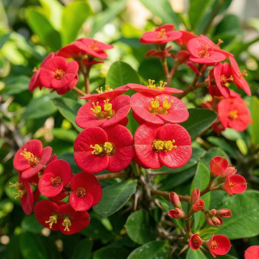 Close-up macro photograph of Crown of Thorns flower clusters showing vivid red bracts surrounding the tiny true flowers in the center with rich detail of the petal-like modified leaves