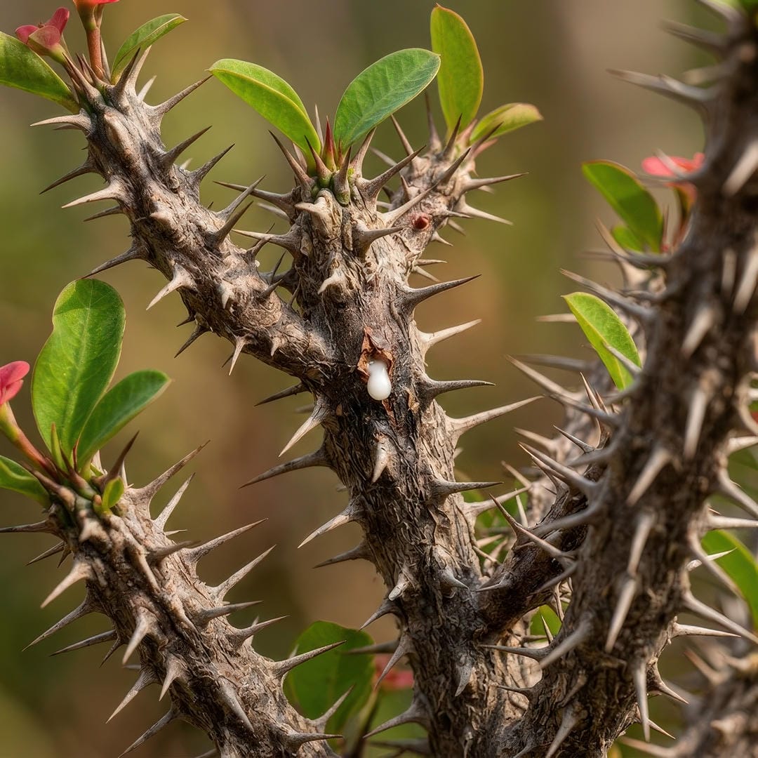 Extreme close-up macro photograph of Crown of Thorns stems showing the dense sharp spines along the woody stems with small bright green leaves emerging between the thorns