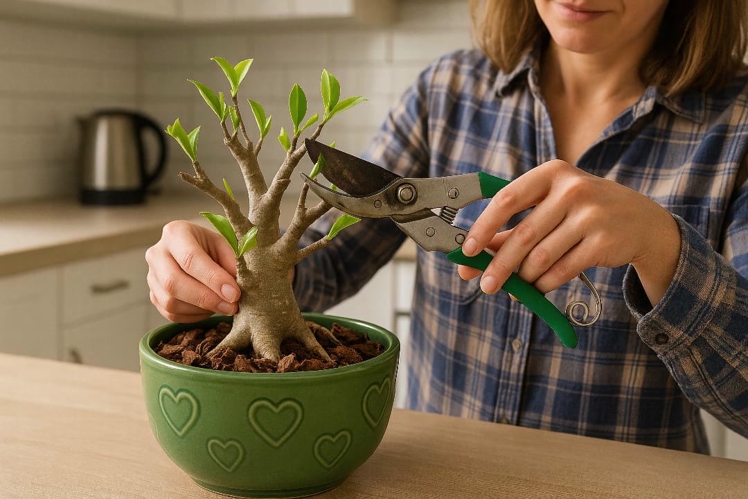 A person wearing protective gloves carefully pruning a Desert Rose plant with sharp shears.