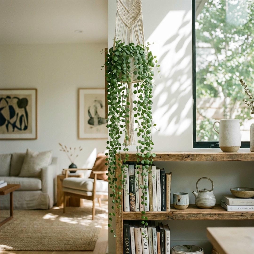 A beautiful Dischidia Nummularia in a hanging macrame display over a bookshelf