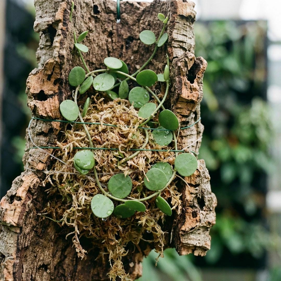 A String of Nickels mounted on cork bark with sphagnum moss