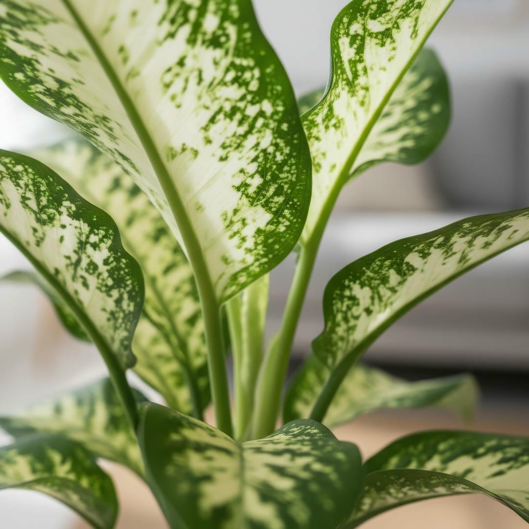 A close-up of a Dumb Cane's large, variegated leaves