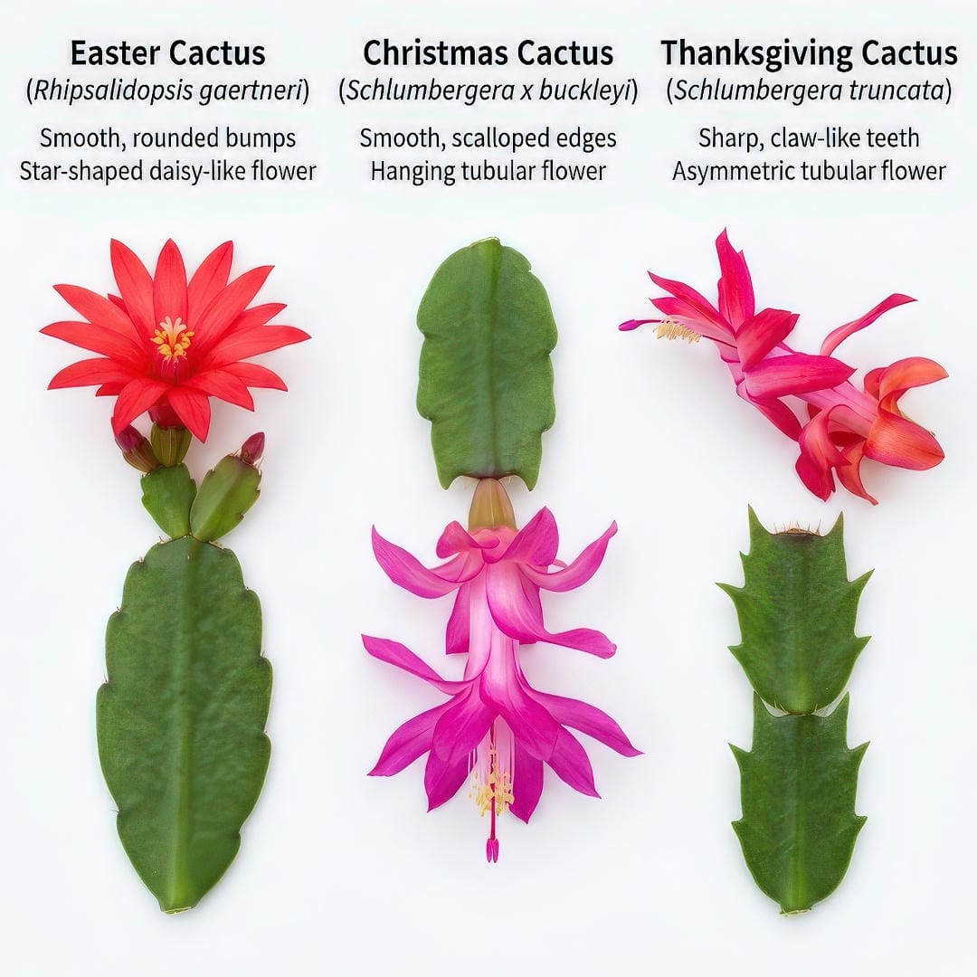 Side-by-side comparison of Easter Cactus smooth bumped segments with star-shaped flowers, Christmas Cactus rounded scalloped segments with tubular flowers, and Thanksgiving Cactus pointed claw-shaped segments with asymmetric tubular flowers