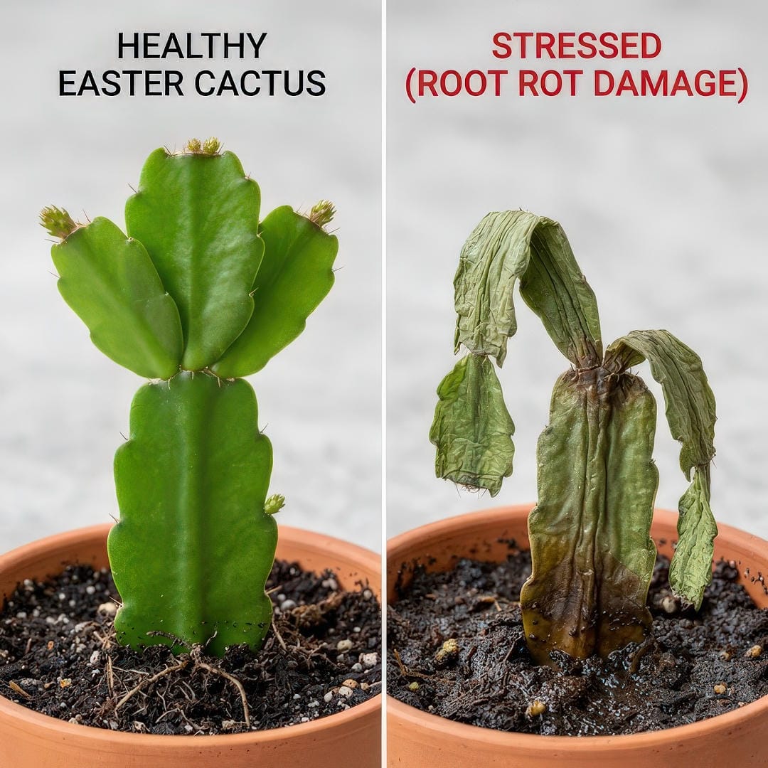 Split image showing a healthy vibrant Easter Cactus segment with smooth rounded edges on the left and a wilted shriveled segment showing root rot damage on the right
