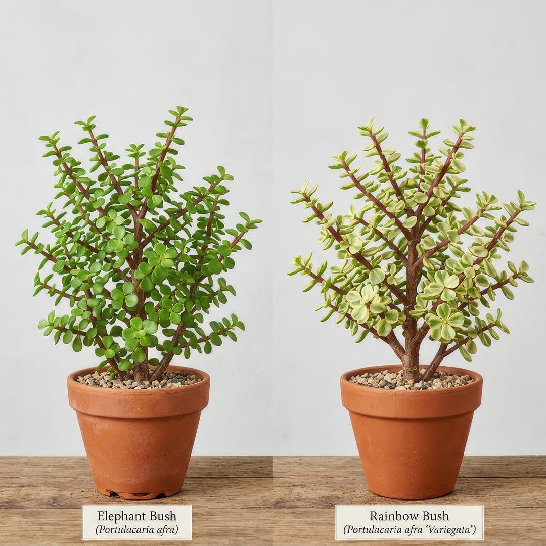 Side-by-side comparison of standard green Portulacaria afra and the variegated Rainbow Bush variety showing the difference in leaf coloring with the variegated form displaying cream and green leaves on reddish stems
