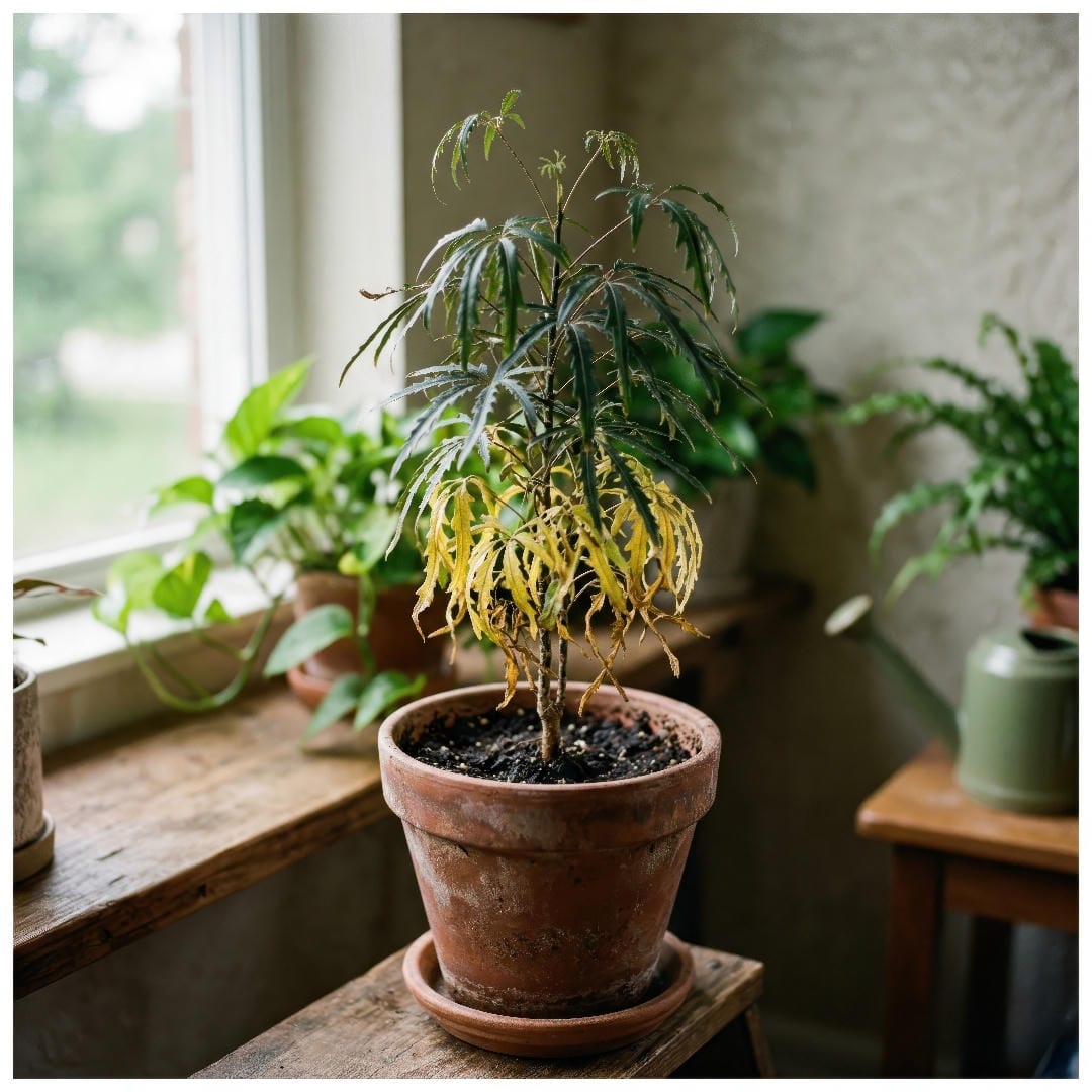 False Aralia with yellowing lower leaves and a tired canopy, showing the first signs of watering stress.