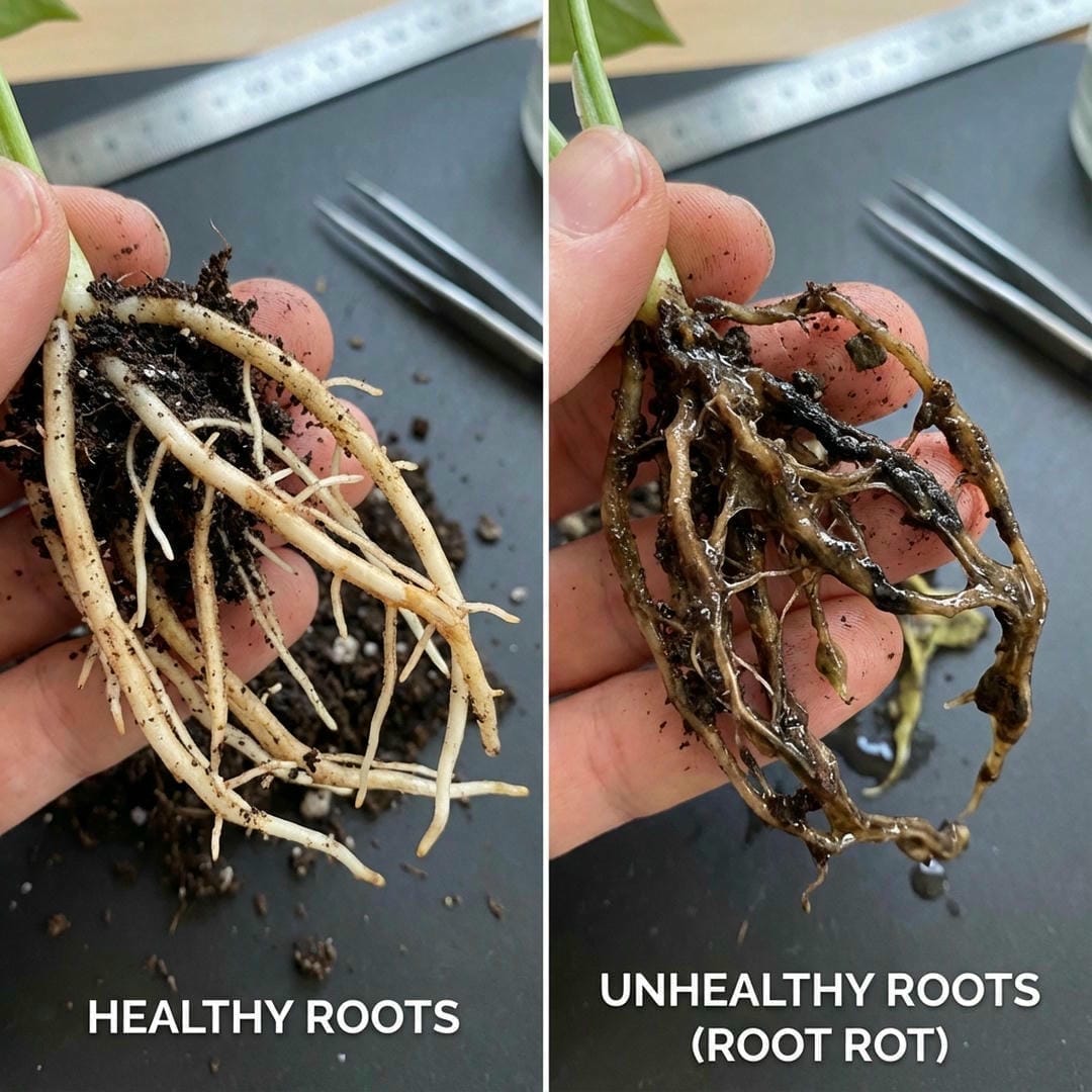 Healthy white roots vs rotten mushy roots