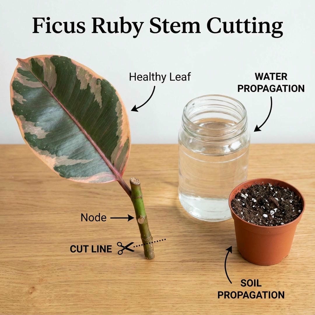 Diagram showing where to cut Ficus Ruby for propagation