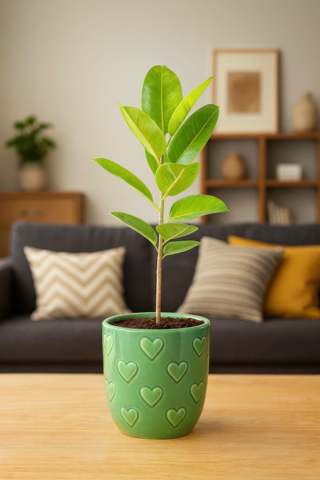 A tall Ficus Shivereana in a white ceramic pot standing as a focal point in a brightly lit, modern living room.