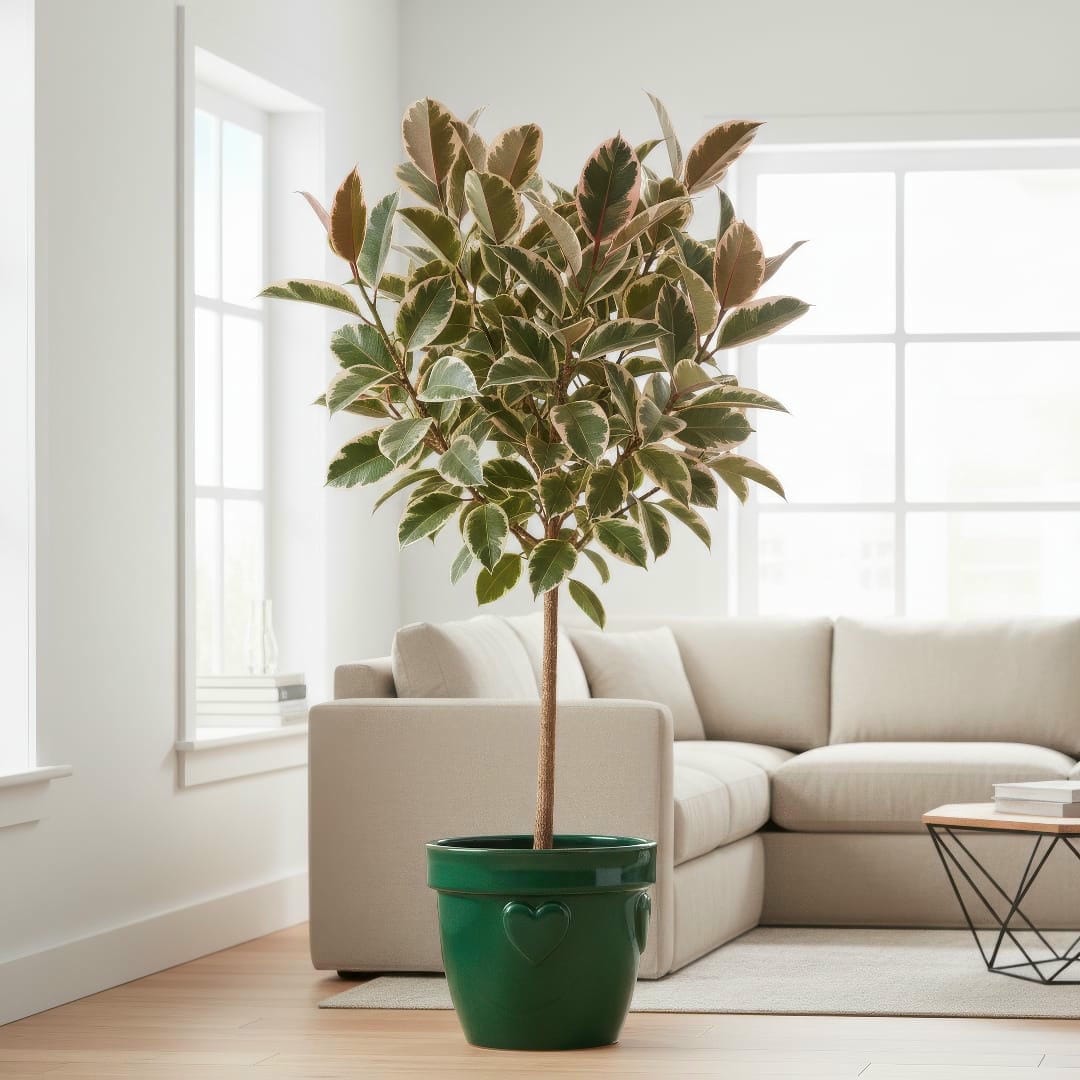 A large Ficus Tineke standing as a statement floor plant in a bright, modern living room.