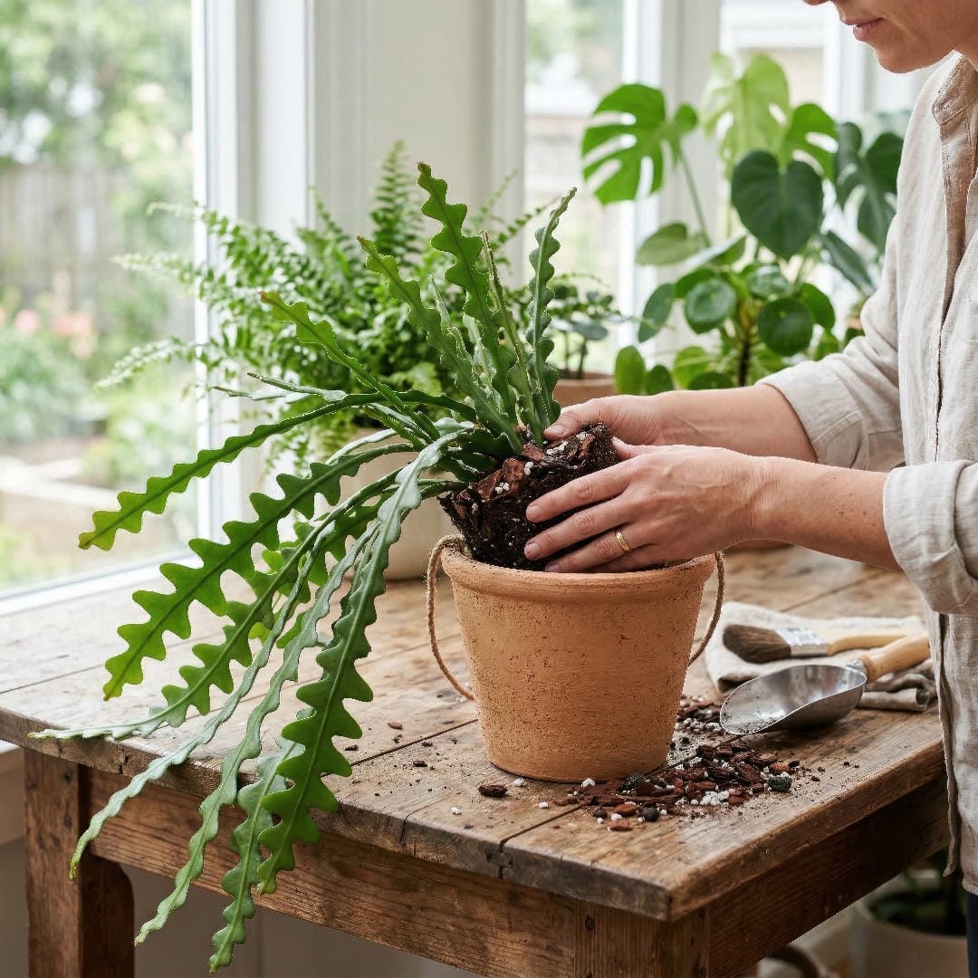 Fishbone Cactus being repotted into a slightly larger hanging pot