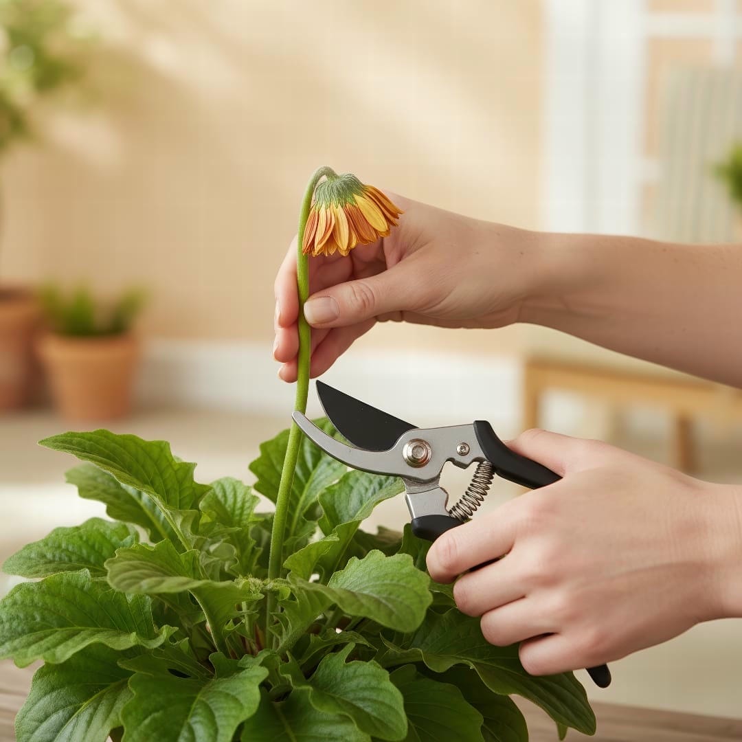 A person's hands gently deadheading a spent Gerbera daisy flower to encourage new growth.