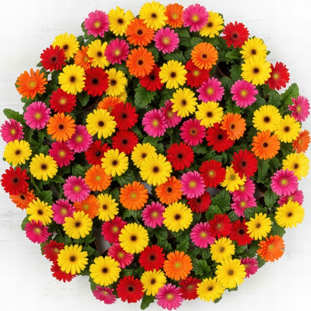A collection of Gerbera daisies showing a variety of colors including red, yellow, and pink.