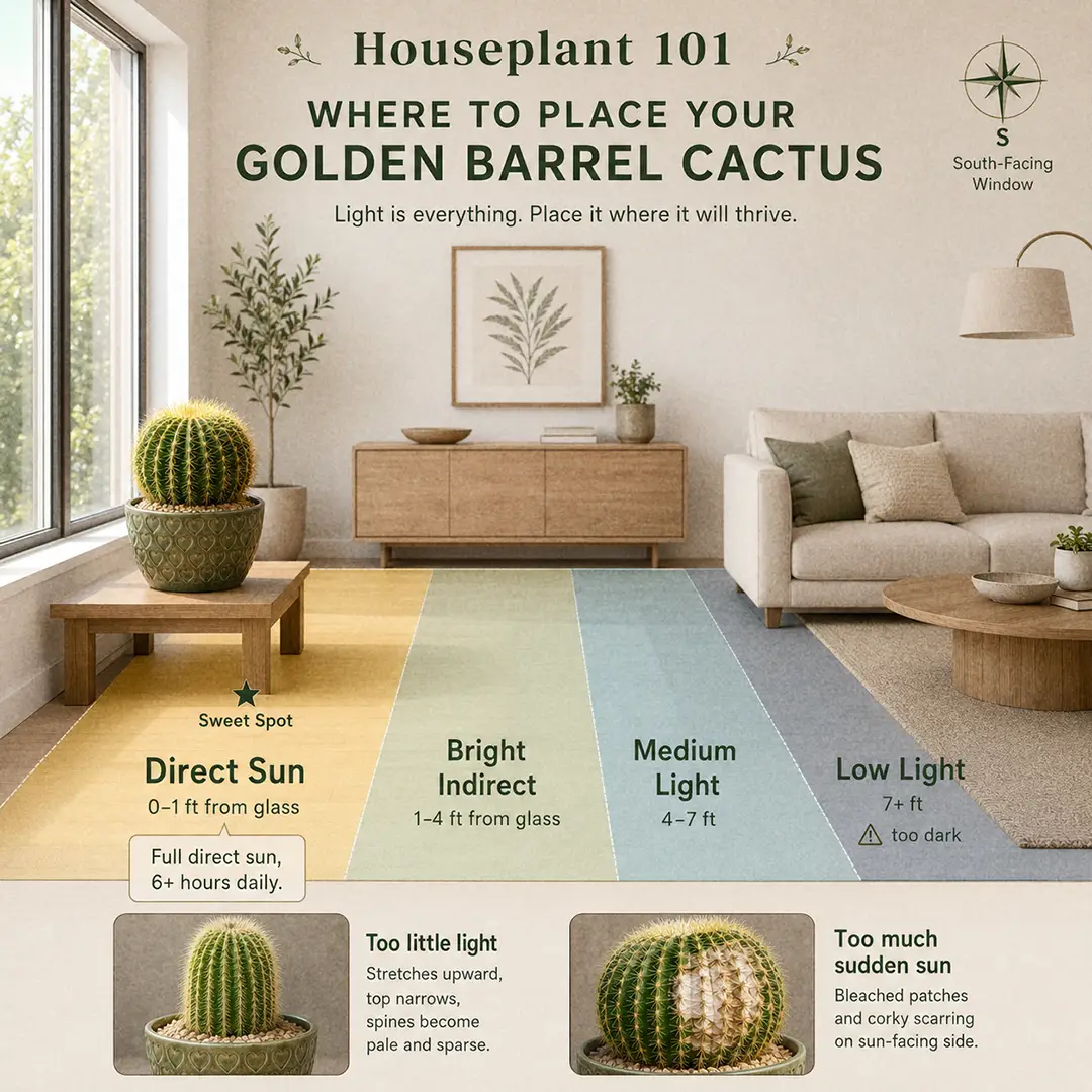 A labeled light-zone diagram showing a Golden Barrel Cactus placed in the sweet spot directly at a south-facing window, with sweet-spot, too-dark, and too-bright zones colour-washed, and a small note about full direct sun and acclimating to outdoor light