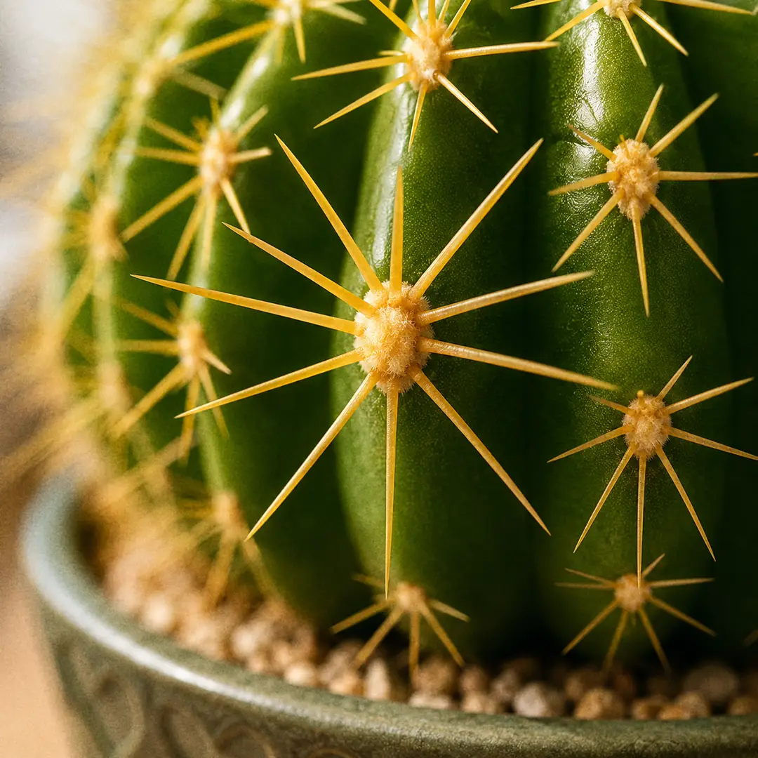 A macro close-up of the dense radial cluster of golden-yellow spines on a Golden Barrel Cactus, showing the central spine pattern and the apple-green ribs visible between clusters