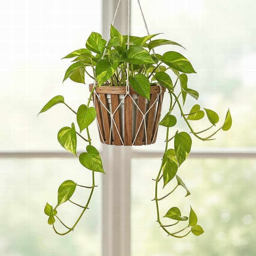 A healthy Golden Pothos with variegated leaves trailing from a wooden hanging basket near a bright window.